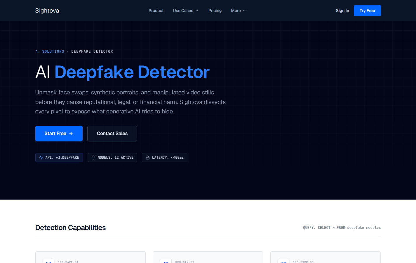 Sightovas deepfake-detektor er laget for å avsløre ansiktsbytter, syntetiske portretter og manipulerte stillbilder fra video. (Skjermbilde: sightova.com/solutions/deepfake-detector)
