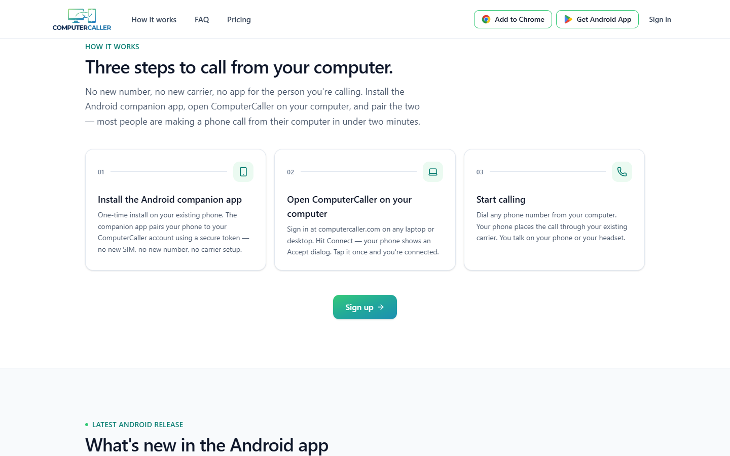 Tre steg: Installer Android-appen, åpne ComputerCaller på datamaskinen og koble sammen. De fleste er i gang på under to minutter. (Skjermbilde: computercaller.com)